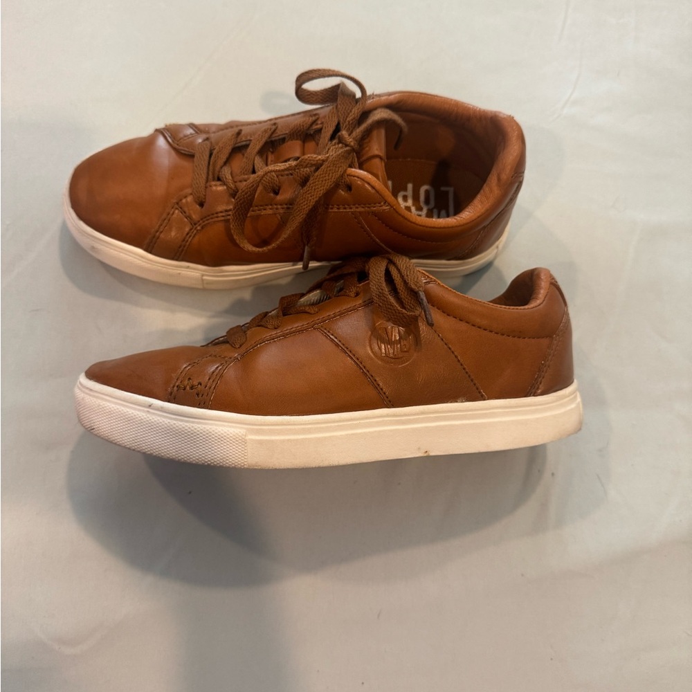 Mario Lopez Tan Faux Leather Sneakers | Brown Casual Low Top Shoes